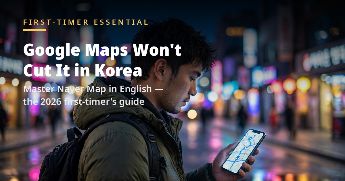 Illustration of a traveler using a map app on a Seoul street at night, with headline text